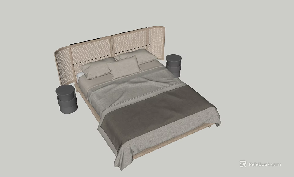 Modern Double Bed With Upholstered Headboard Cylindrical Bedside Tables Cozy Bedding And Pillows 3d model 