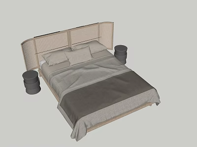 Modern Double Bed With Upholstered Headboard Cylindrical Bedside Tables Cozy Bedding And Pillows 3d model