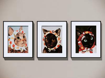 Animal Paintings Featuring Cat and Rabbit with Strawberry Headpieces in Black Frames Hanging on Wall 3d model