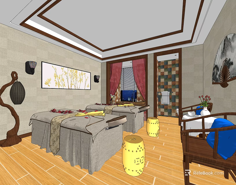 SPA Sauna Room Interior Design With Massage Beds Decorative Paintings And Wooden Lanterns 3d model 