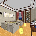 SPA Sauna Room Interior Design With Massage Beds Decorative Paintings And Wooden Lanterns