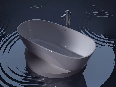Gray Freestanding Bathtub With Silver Faucet Round Base And Water Ripples Background 3d model