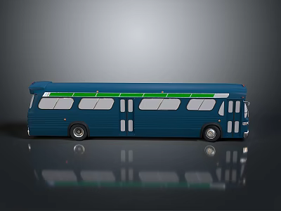 Classic Blue Bus With Green Stripe Windows And Reflective Surface 3d model