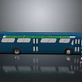 Classic Blue Bus With Green Stripe Windows And Reflective Surface