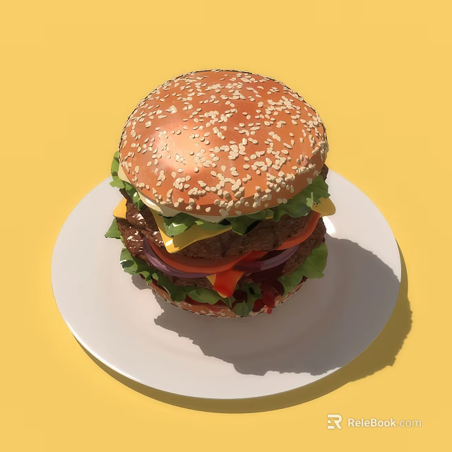 Juicy Hamburger With Sesame Seed Bun Fresh Lettuce And Beef Patty On White Plate 3d model 