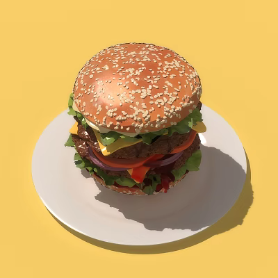 Juicy Hamburger With Sesame Seed Bun Fresh Lettuce And Beef Patty On White Plate 3d model