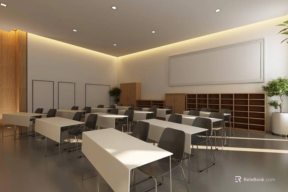 School Classroom Interior With White Tables Gray Chairs Bookshelves And Large Screen 3d model 
