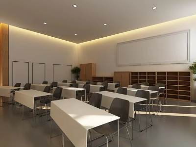 School Classroom Interior With White Tables Gray Chairs Bookshelves And Large Screen 3d model