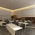 School Classroom Interior With White Tables Gray Chairs Bookshelves And Large Screen