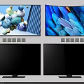 Modern Smart TV With Colorful Sphere Blue Feather Display Slim Black Frame And Stand Base