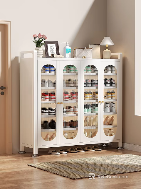 White Shoe Cabinet With Glass Doors Multiple Shelves And Decorative Items On Top 3d model 
