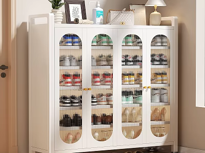 White Shoe Cabinet With Glass Doors Multiple Shelves And Decorative Items On Top 3d model
