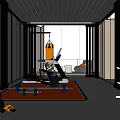 Modern Gym Fitness Setup With Large Windows Black Frames KOK Orange Punching Bag Treadmill Dumbbells Exercise Mat