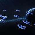 Futuristic Spaceships Flying Near Earth In Starry Outer Space Scene