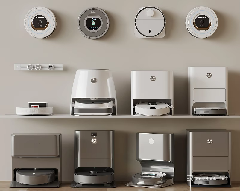 Different Types Of Modern Household Appliances Including Robotic Vacuums On Shelves 3d model 