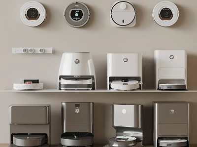 Different Types Of Modern Household Appliances Including Robotic Vacuums On Shelves 3d model