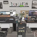 Modern Entertainment Room Interior With Dual Monitors Gaming Chair Desk Wall Art Shelves And Lighting
