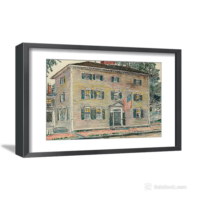 Framed Landscape Painting Of Vintage Yellow House With American Flag And Trees 3d model 