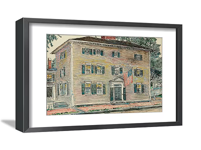 Framed Landscape Painting Of Vintage Yellow House With American Flag And Trees 3d model
