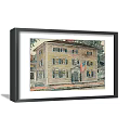 Framed Landscape Painting Of Vintage Yellow House With American Flag And Trees