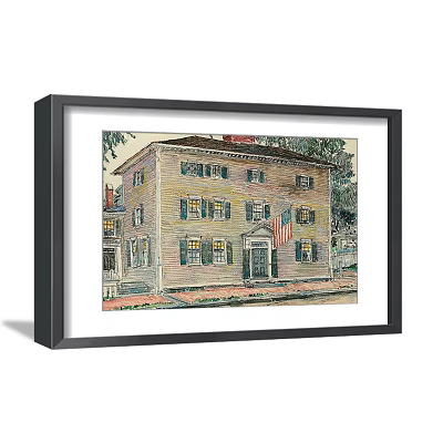 Framed Landscape Painting Of Vintage Yellow House With American Flag And Trees 3d model