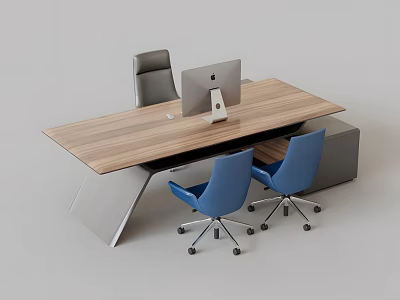 Modern Office Desk and Chair Set with Wooden Tabletop Metal Frame and Blue Chairs 3d model
