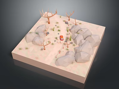 Low Poly Terrain Scene with Rocks Broken Branches Small Plants and Orange Object 3d model