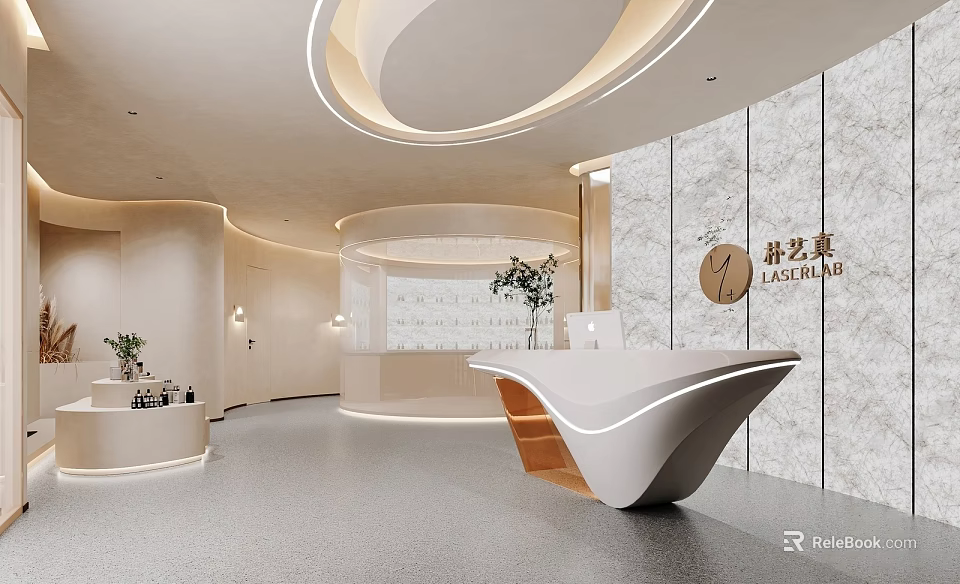 Elegant Modern Beauty Salon Interior With Marble Wall And Reception Desk 3d model 