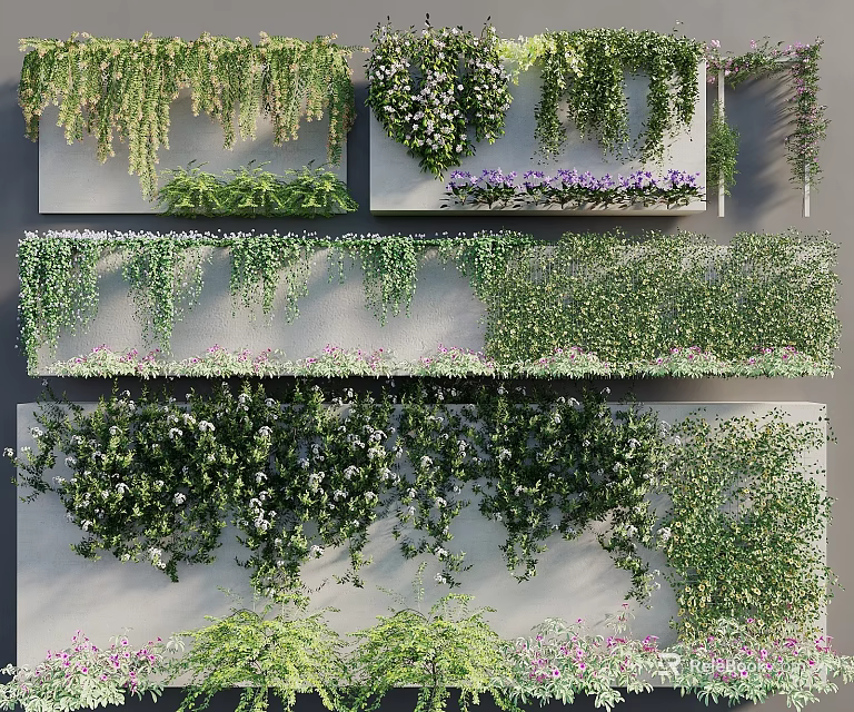 Various Hanging Vines With Green Leaves And Purple Flowers For Wall Decoration 3d model 