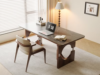 Modern Wooden Desk With Laptop Open Book Lamp Chair And Window Blinds 3d model