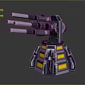 Futuristic Mechanical Turret With Multiple Barrels And Metallic Blue Yellow Details