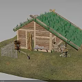 Traditional Wooden House With Green Grass Roof Wooden Door Firewood Stack Fence And Barrel
