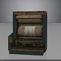 Vintage Industrial Press Machine With Green Frame Brown Rollers Red Label And White Material