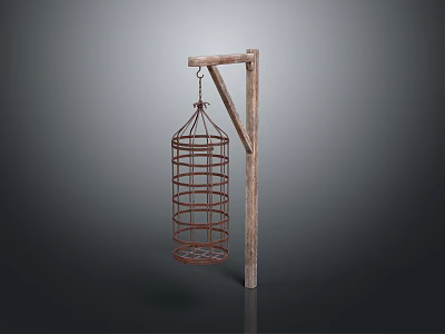 Vintage Style Hanging Iron Cage With Rustic Wooden Support Pole Structure 3d model