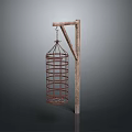 Vintage Style Hanging Iron Cage With Rustic Wooden Support Pole Structure