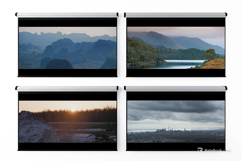 Projection Monitoring With Various Scenes On Projection Screens Including Landscapes And Urban Views 3d model 