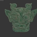 Ancient Bronze Landscape Sculpture With Mythical Face Large Eyes Fanged Mouth Curled Horns