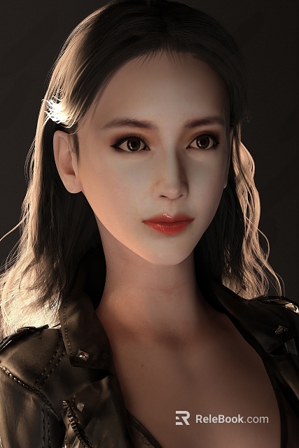 Lifelike Inflatable Female Model With Long Hair Black Leather Jacket And Dark Background 3d model 