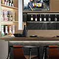 Modern Restaurant Interior With Wooden Bar Counter Leather Seats Wine Racks And Hanging Lights