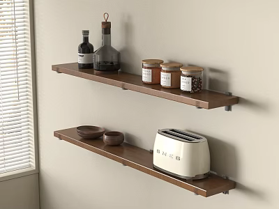 Wall Mounted Wooden Kitchen Shelves With Jars Toaster Bowls And Bottles 3d model