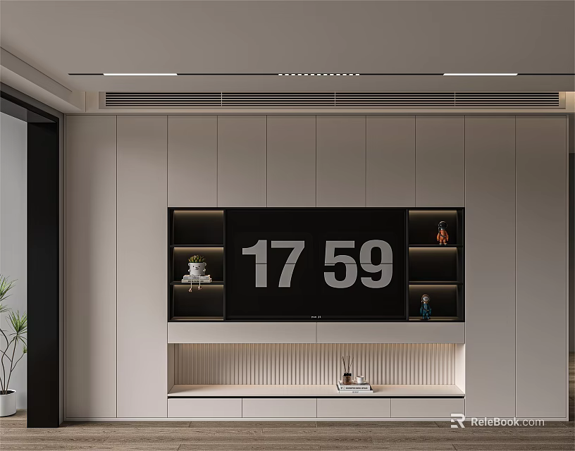 Modern Living Room TV Stand With Built In Shelves Digital Display And Decorative Items 3d model 