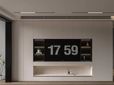 Modern Living Room TV Stand With Built In Shelves Digital Display And Decorative Items 3d model