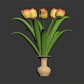 Beautiful Tulips with Yellow Red Gradient Petals Green Leaves in Light Vase on Dark Background