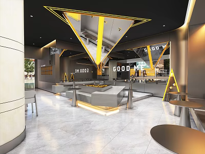 Modern Milk Tea Shop Interior With Geometric Decor And Lighting 3d model