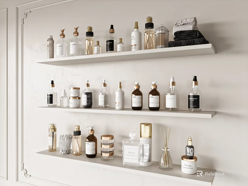 Perfume And Cosmetics Display On White Shelves 3d model 