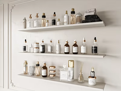Perfume And Cosmetics Display On White Shelves 3d model