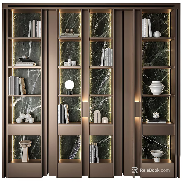 Modern Green Marble Decorative Cabinet With Illuminated Shelves Books And Decorative Items 3d model 