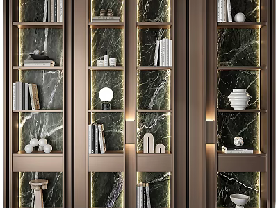 Modern Green Marble Decorative Cabinet With Illuminated Shelves Books And Decorative Items 3d model