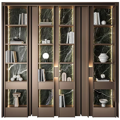 Modern Green Marble Decorative Cabinet With Illuminated Shelves Books And Decorative Items 3d model