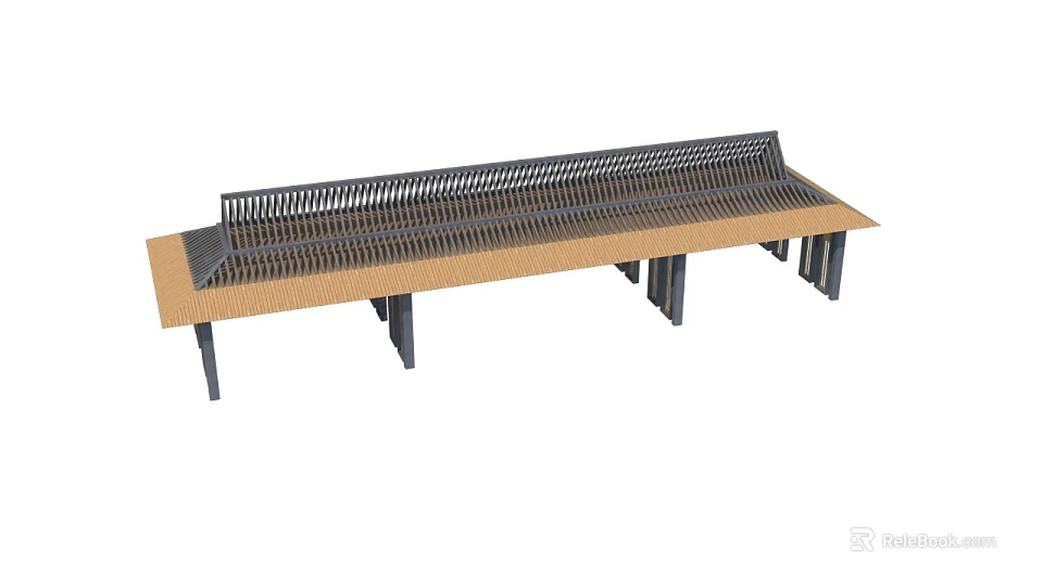Modern Long Bench With Wooden Seat Metal Legs And Grid Backrest Design 3d model 